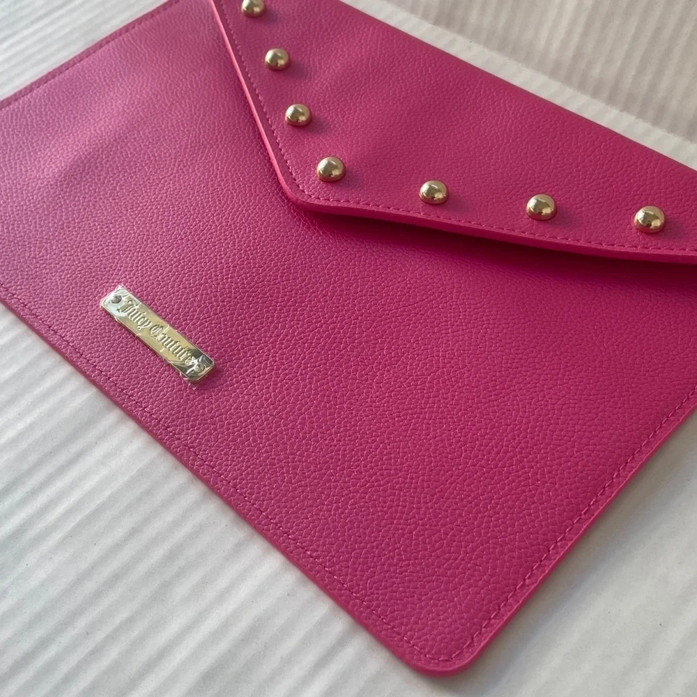 Juicy Couture Envelope Clutch Bag Bright Barbie Pink Gold Studs NWOT